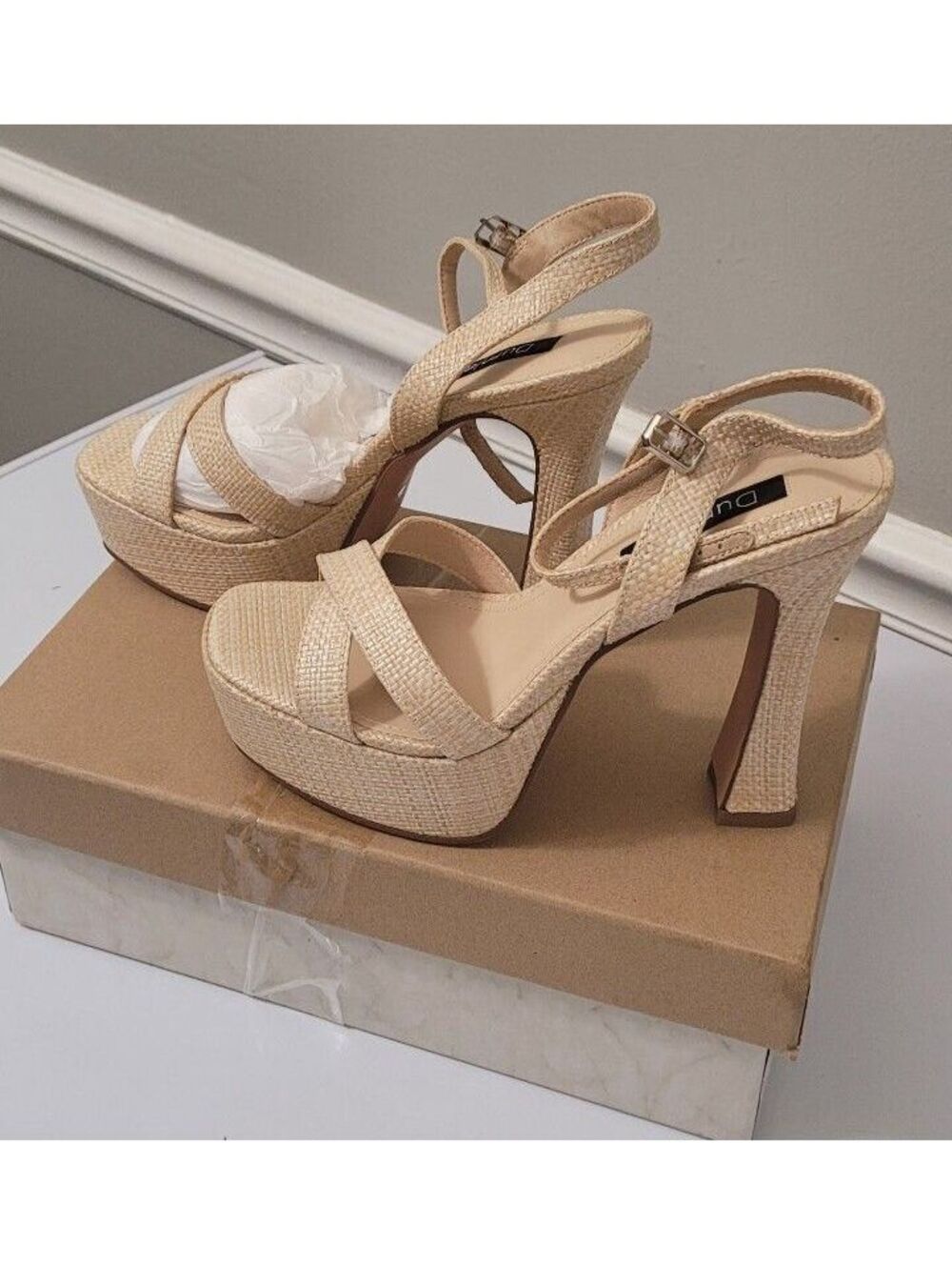 Dumley Women's Raffia Beige Platform Chunky Heel Sandals Fashion Shoes Size 6